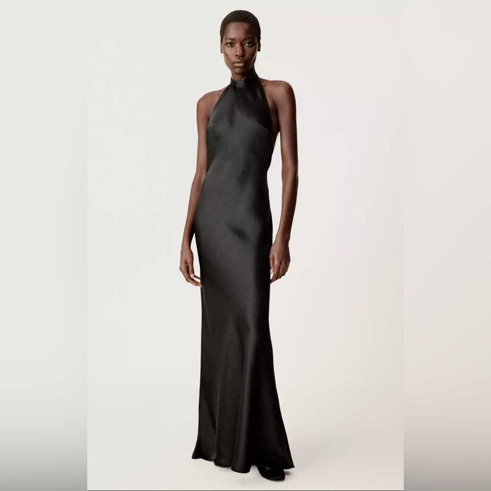Zara Black Satin Halter Maxi Dress